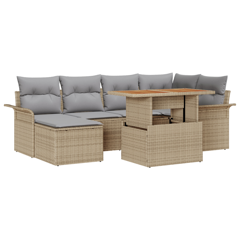 Ensemble de salle à manger de jardin 7 pièces avec coussins beige rotin poly acacia