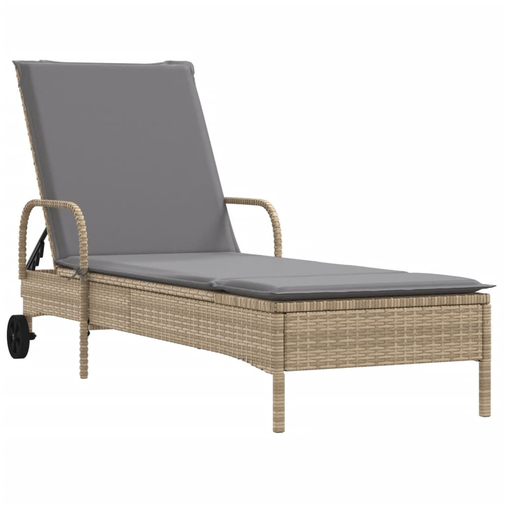 Chaise longue avec roues et coussin beige résine tressée bain de soleil