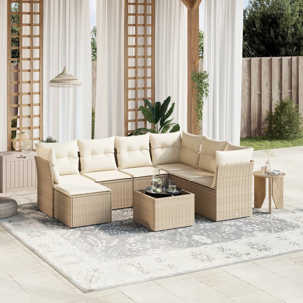 Salon de jardin avec coussins 8 pcs beige résine tressée