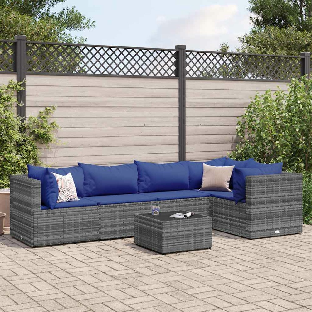Salon de jardin 6 pcs avec coussins gris résine tressée