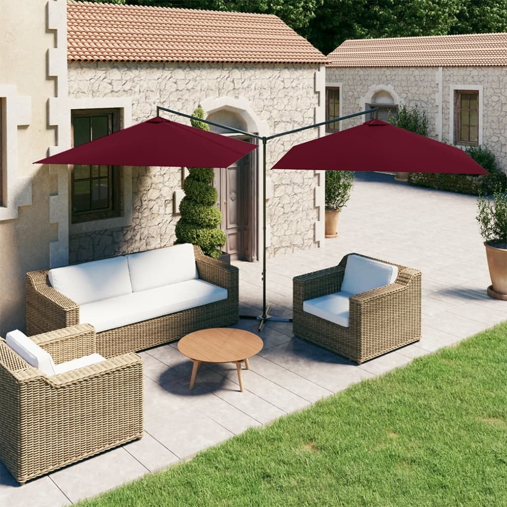 Parasol de jardin double avec mât en acier rouge bordeaux