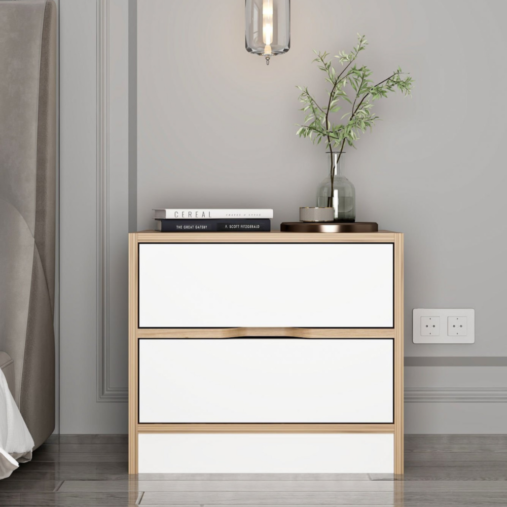 Molde - table de chevet bois et blanc 2 tiroirs