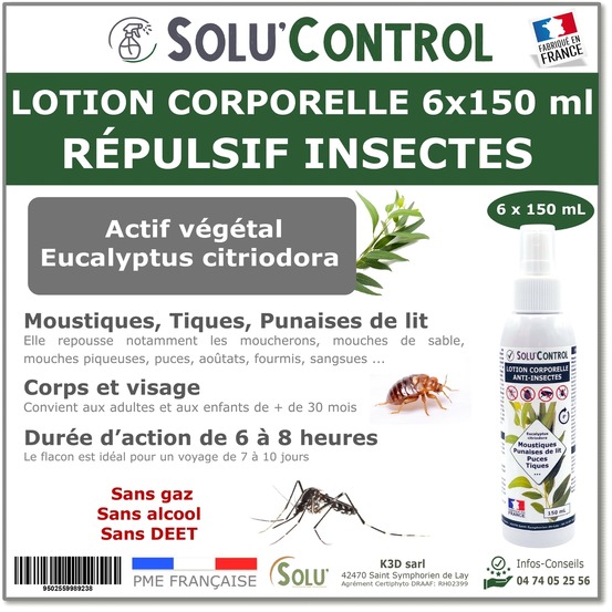 Solu'control lotion repulsive moustiques 6x150 ml - repulsif corps et visage sans deet - moustique tigre tiques puces