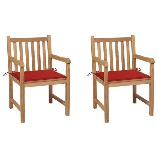 Chaises de jardin lot de 2 et coussins rouge bois teck massif