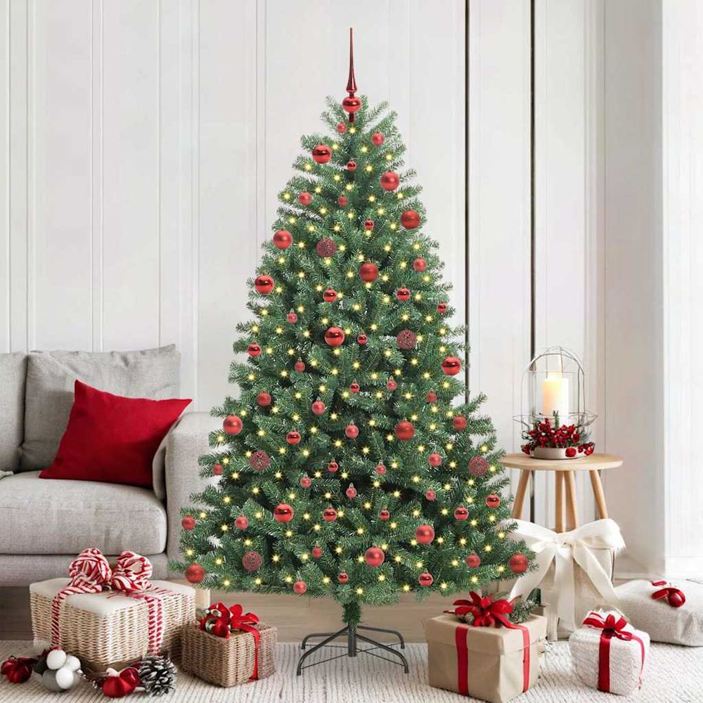 Kit sapin de noël artificiel 180 cm, vert, lumineux avec led et set complet de 121 décos