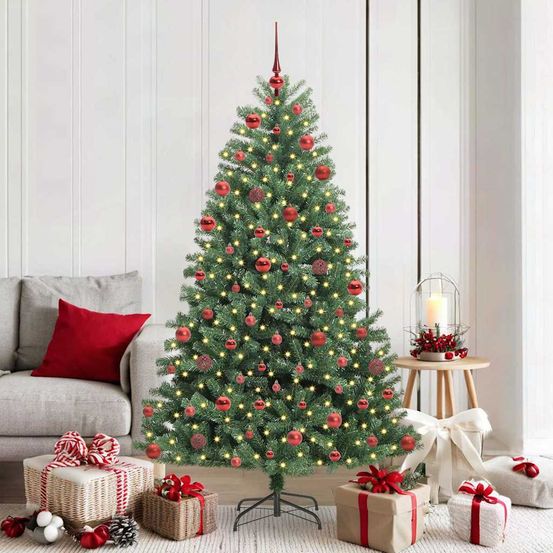 Kit sapin de noël artificiel 180 cm, vert, lumineux avec led et set complet de 121 décos