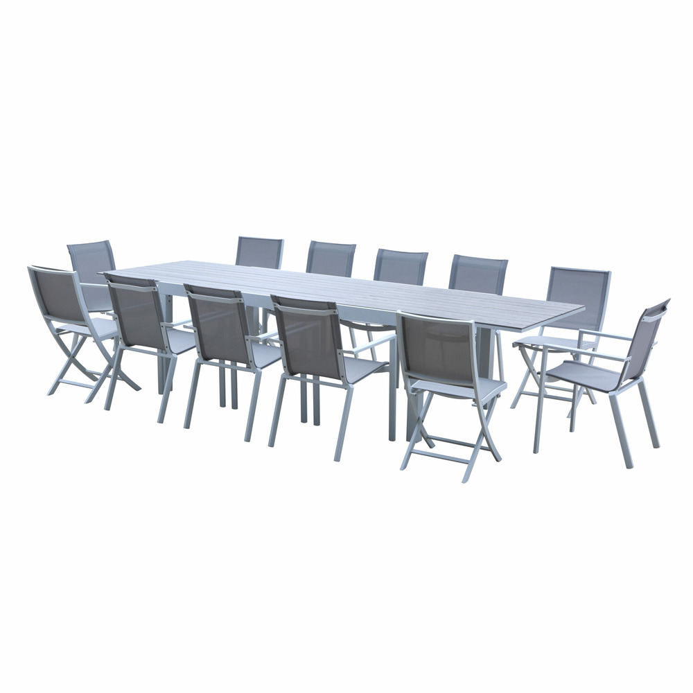 Ensemble tulum 8/12p en aluminium blanc et plateau en alu décors bois avec 6 fauteuils et 4 chaises pliantes