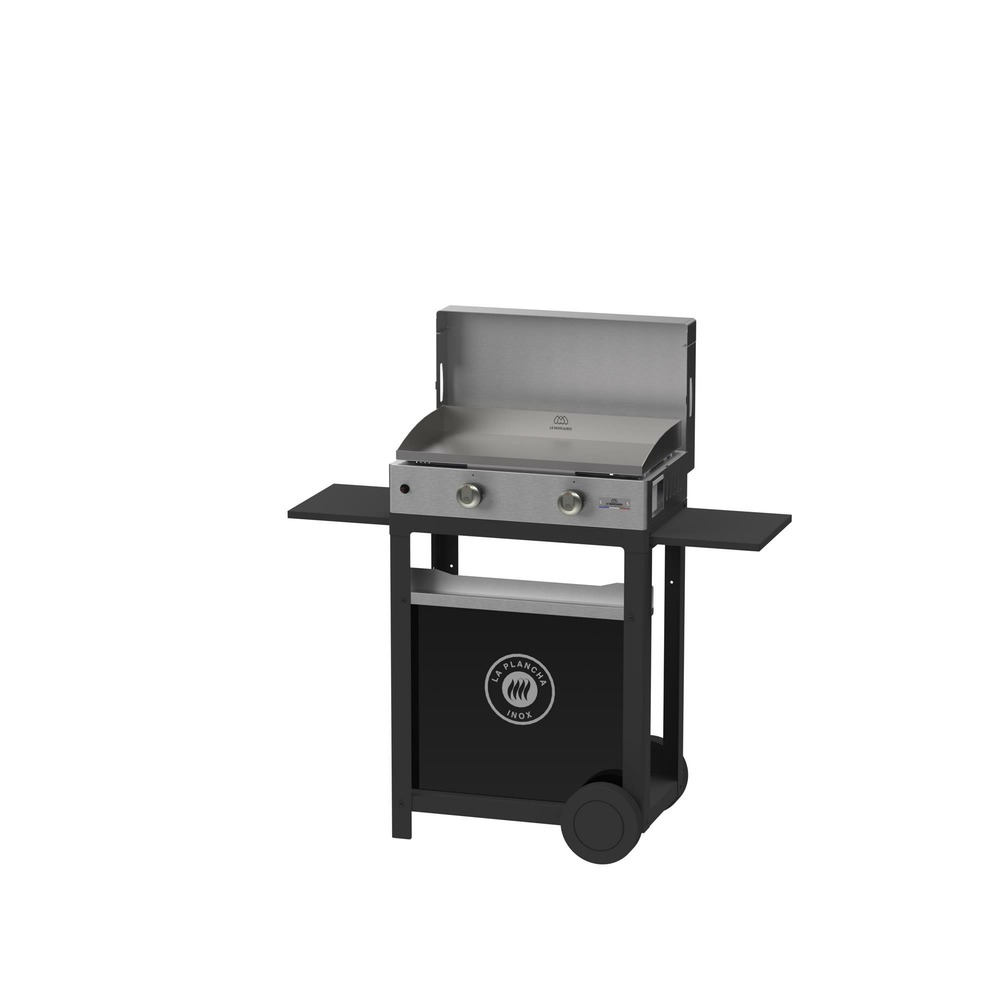 La plancha inox duo edition : plancha 260 gaz + chariot noir + couvercle inox+ porte épices et rideau