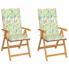 Chaises de jardin 2 pcs avec coussins à motif de feuilles teck