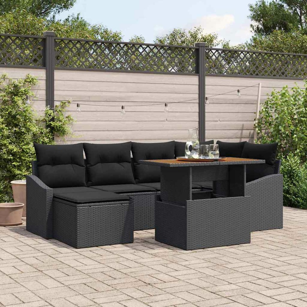 Ensemble de canapé de jardin 7 pcs noir poly rotin