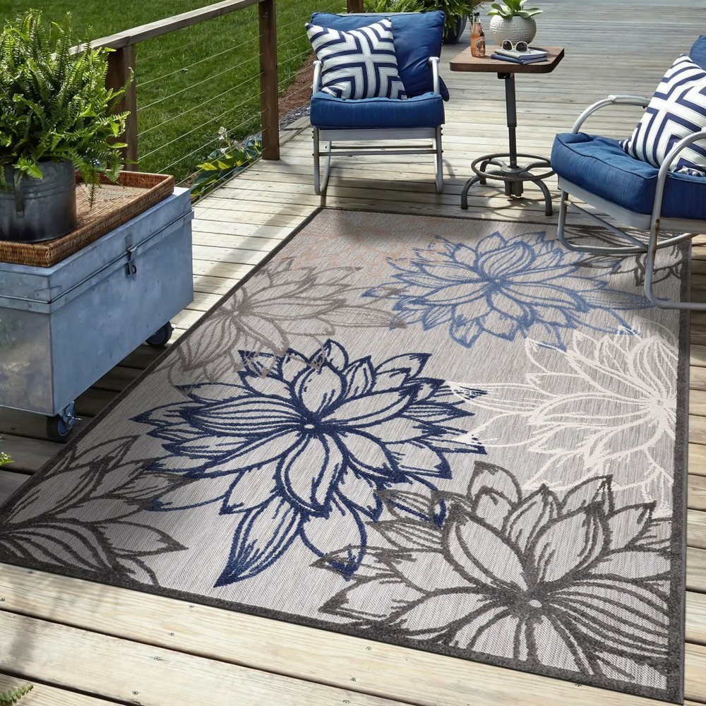 Tapis extérieur 80x150 tissé kilim gris et bleu chimeko