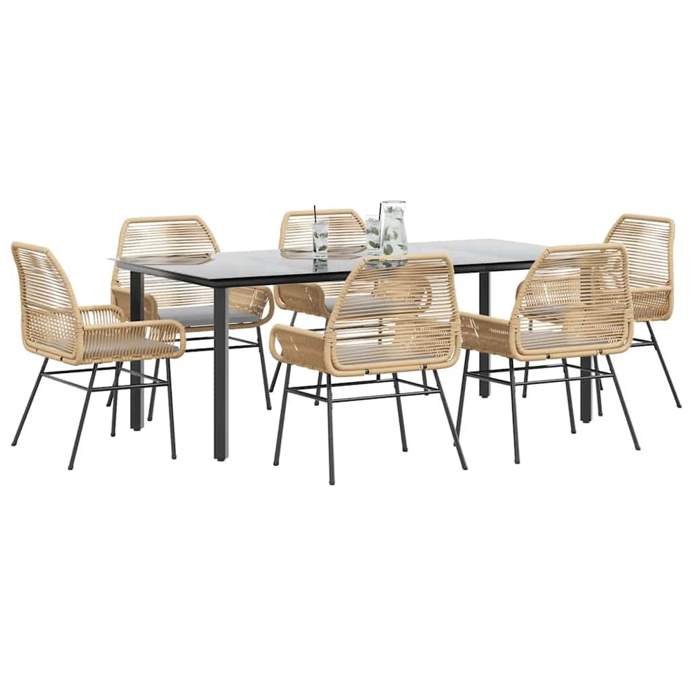 Ensemble à manger jardin coussins 7pcs marron poly rotin verre