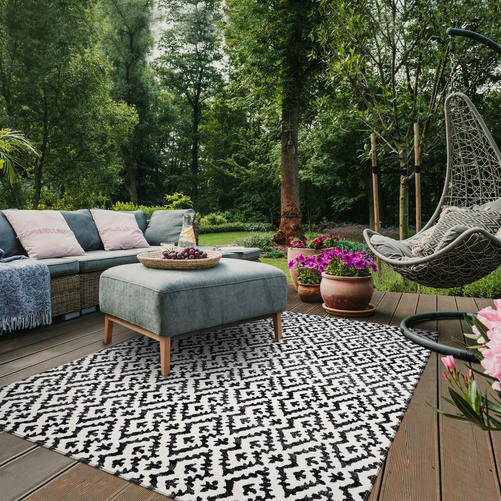 Tapis extérieur 120x170 tissé kilim noir et blanc edje