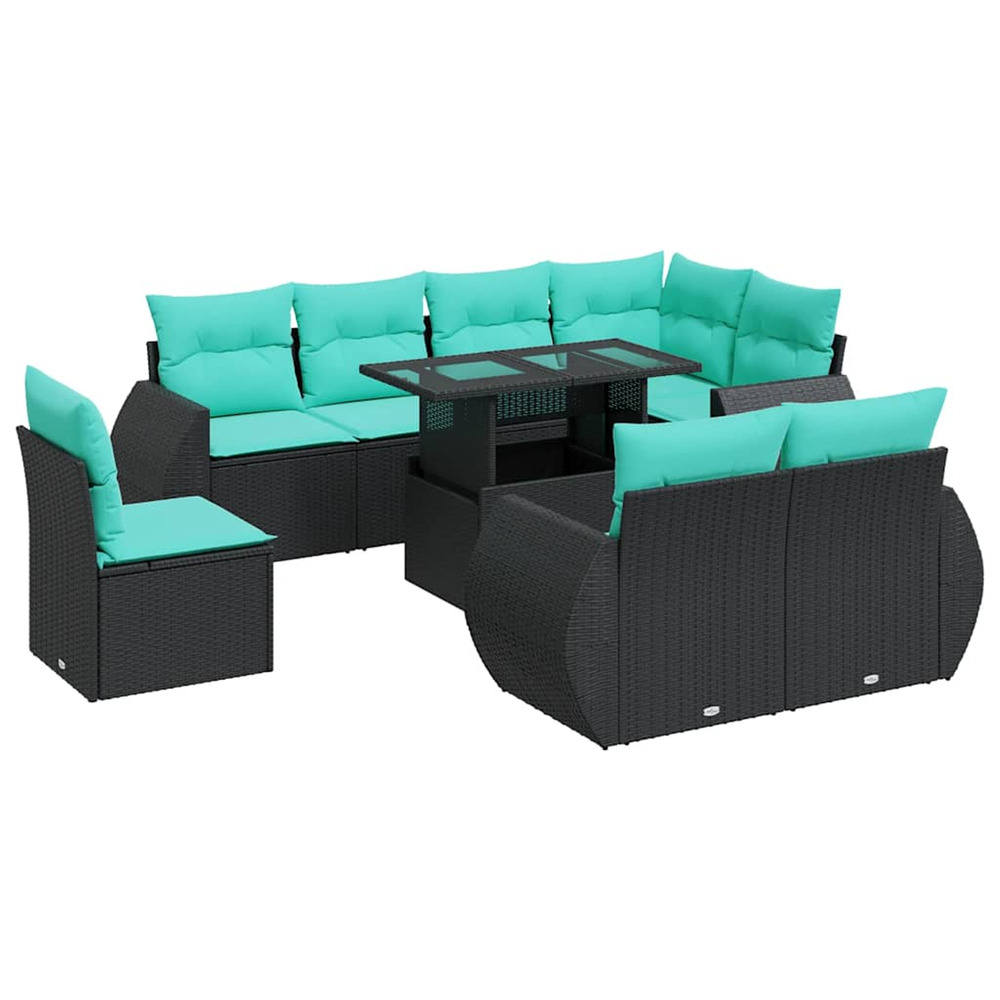 Salon de jardin avec coussins 9 pcs noir résine tressée acacia