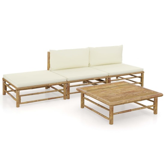 Salon de jardin meuble d'extérieur ensemble de mobilier 4 pièces avec coussins blanc crème bambou