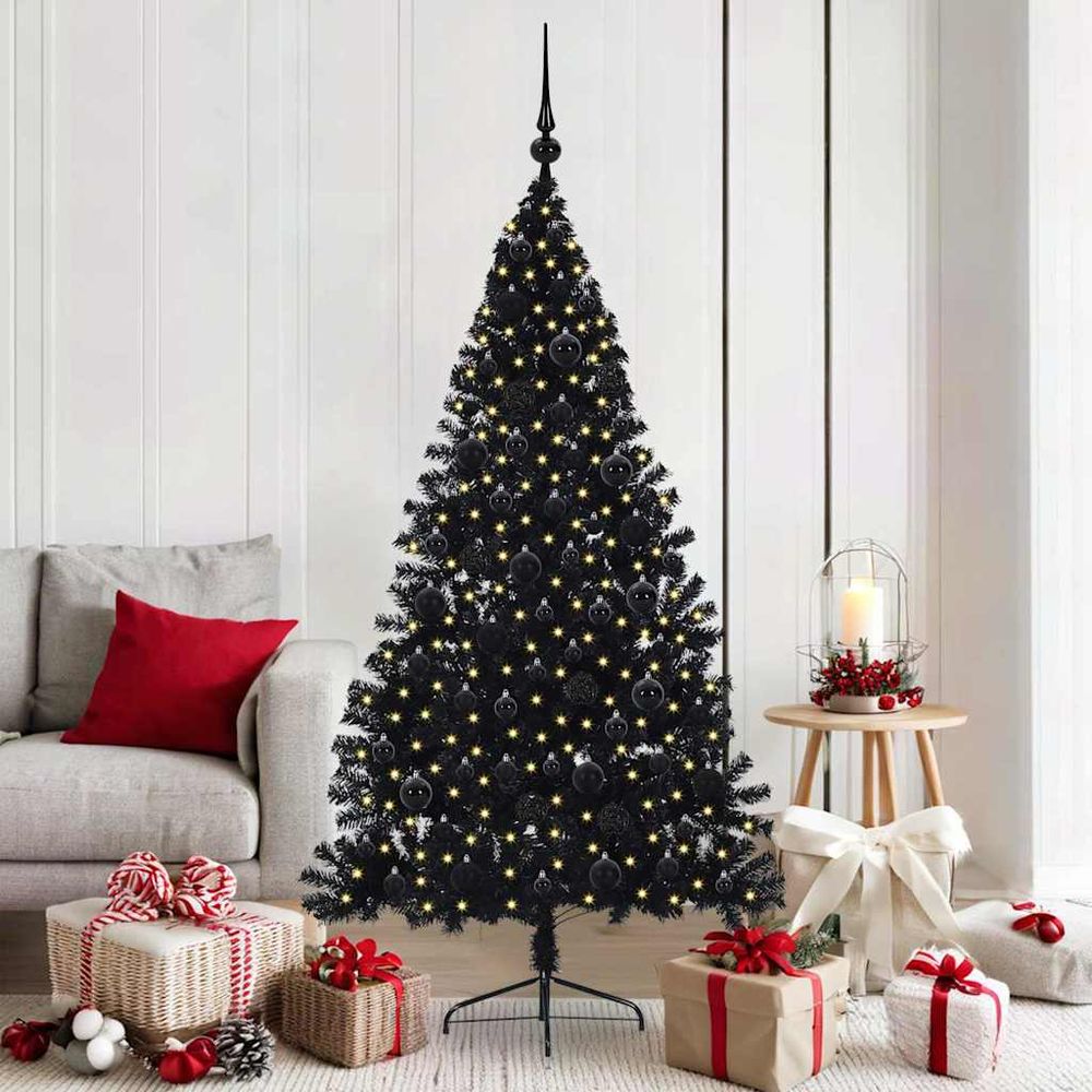 Sapin de noël artificiel noir 180 cm, kit complet design avec 120 boules et 300 led