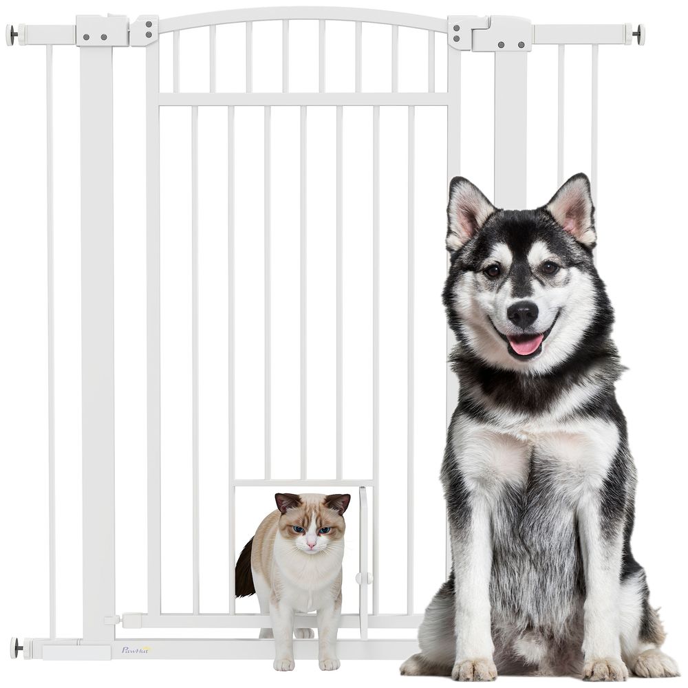 Barrière extra haute acier chiens maison avec chatière intégrée 104x106cm blanc