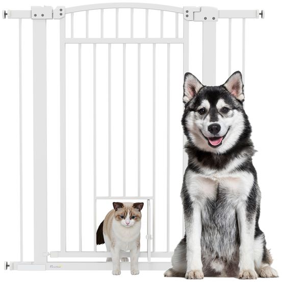 Barrière extra haute acier chiens maison avec chatière intégrée 104x106cm blanc