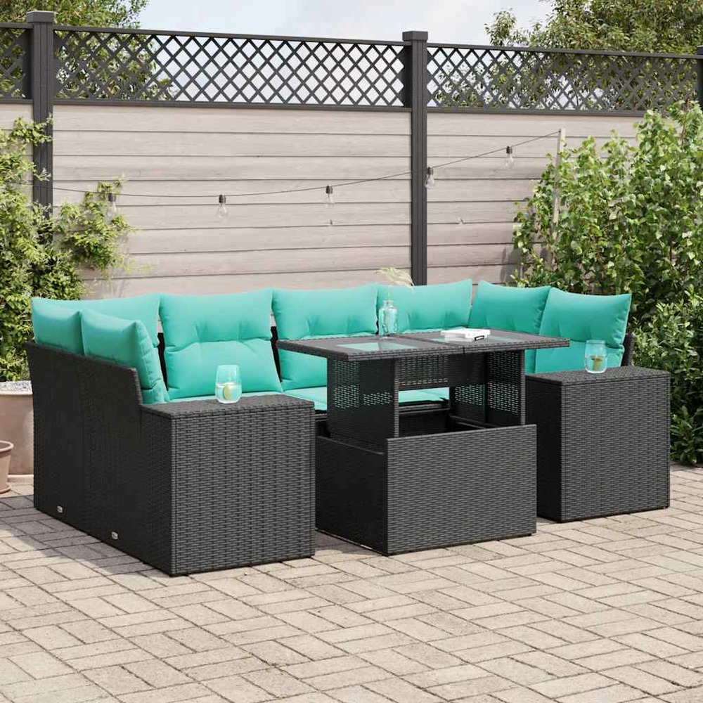 Salon de jardin avec coussins 7 pcs noir résine tressée acacia