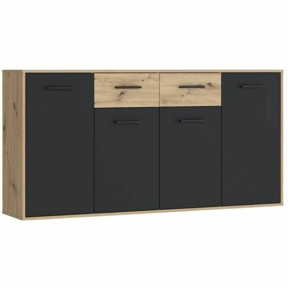 Buffet particules mélaminé - chêne et noir - 4 portes + 2 tiroirs - 162,3 x 34,2 x 81,7 cm