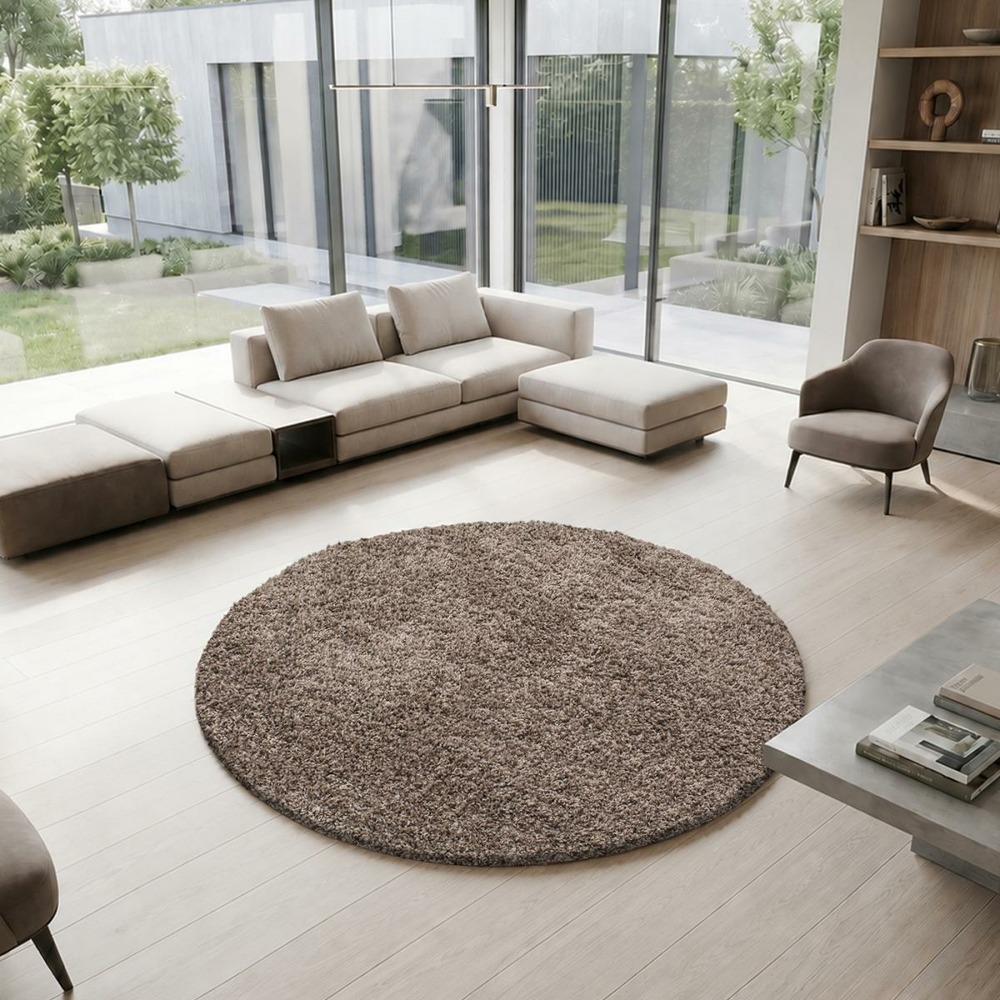 Tapis rond poils longs shaggy ø80cm tissé mocca motif uni uni l