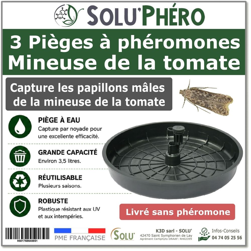 Lot de 3 pièges à capsule mineuse de la tomate tuta absoluta – water trap à eau réutilisable 34 cm – grande capacité 3,5 l