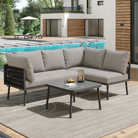 Ensemble de jardin en métal, en forme de l, en corde tressée grise, avec coussins d'assise, pieds réglables, 2 canapés + 1 table