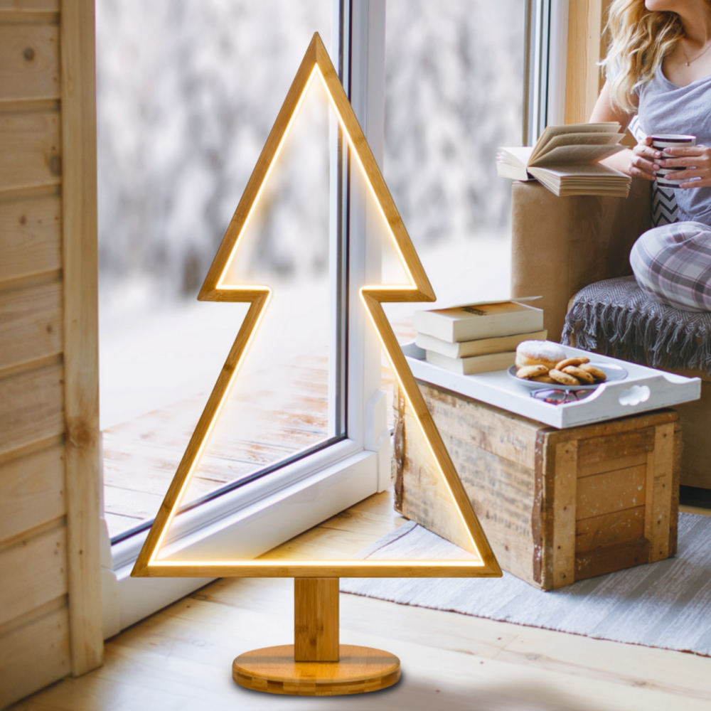 Sapin de noël néon et bois naturel clair h90cm led blanc chaud lotti