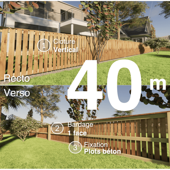 Kit clôture bois moderne 40m – h 0,9m – 20 x 70 mm autoclave marron – pose vertical – simple face – à sceller