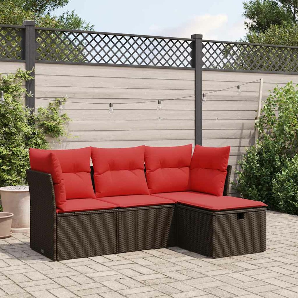 Salon de jardin 4 pcs avec coussins marron résine tressée