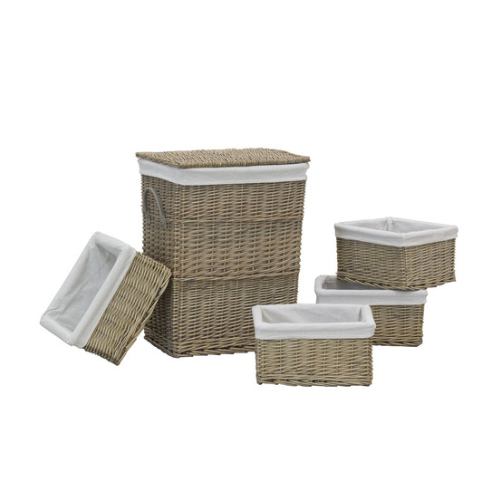 Panier à linge + 4 corbeilles en osier gris (lot de 5)