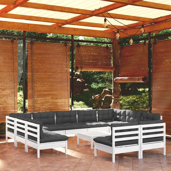Salon de jardin 12 pcs avec coussins blanc bois de pin solide