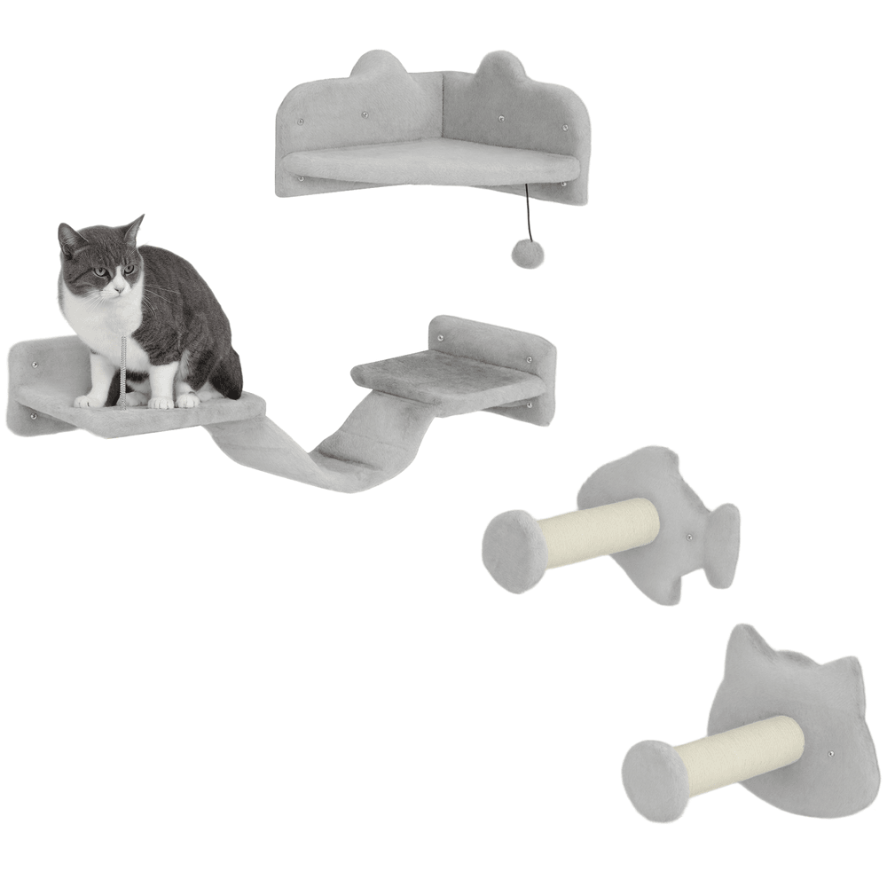 Set étagères murales pour chat design ludique avec griffoir sisal et plateformes gris clair