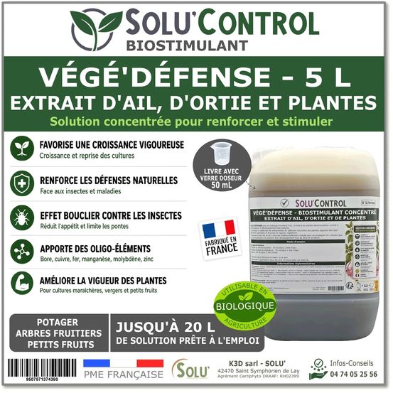 Biostimulant concentré à l'extrait d'ail, d'ortie et de plantes solu'control vége'défense – 5 l – renforce les défenses naturelles