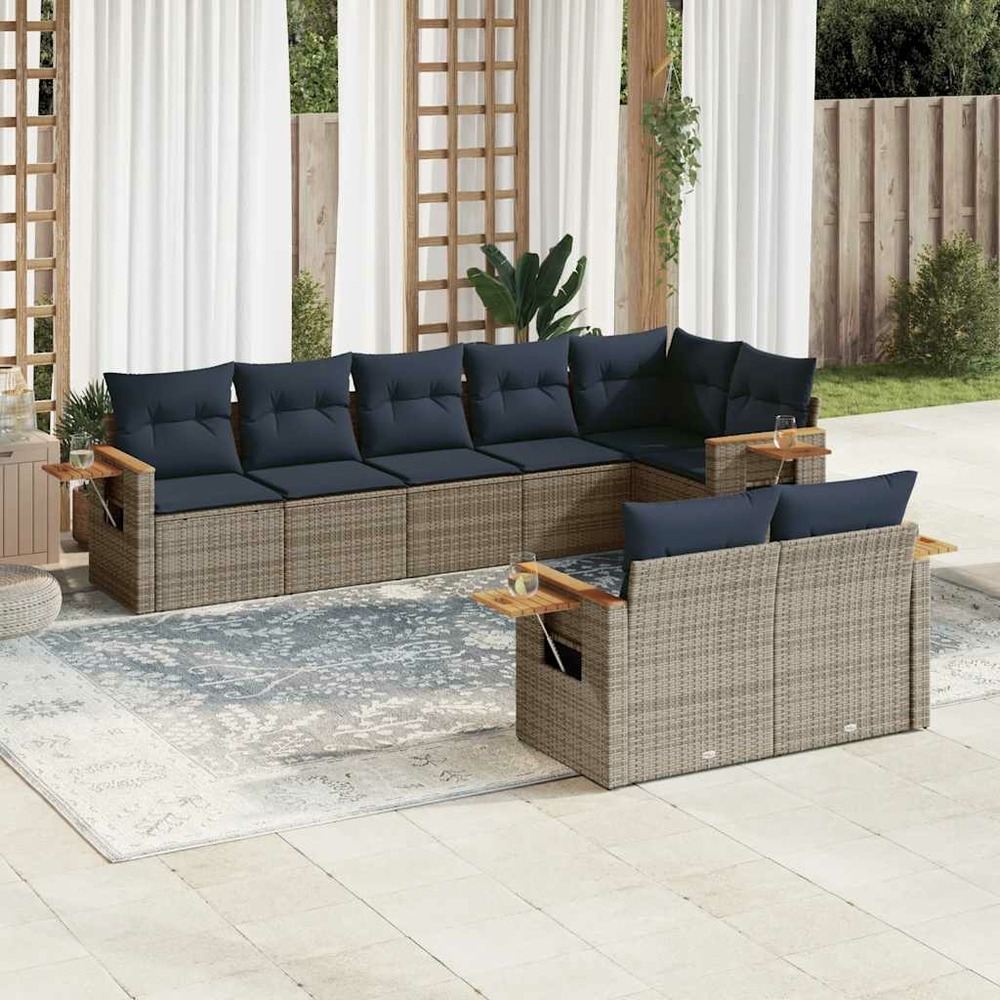 Salon de jardin 8 pcs avec coussins gris résine tressée