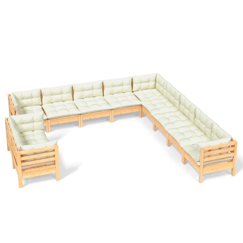 Salon de jardin 11 pcs avec coussins crème bois de pin solide