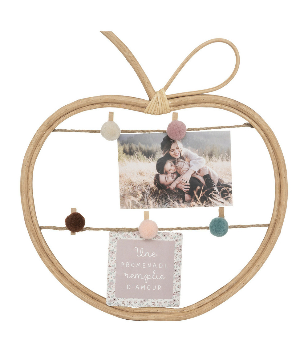 Porte-photos en rotin avec clips bambou & pompons 35 x 30 cm
