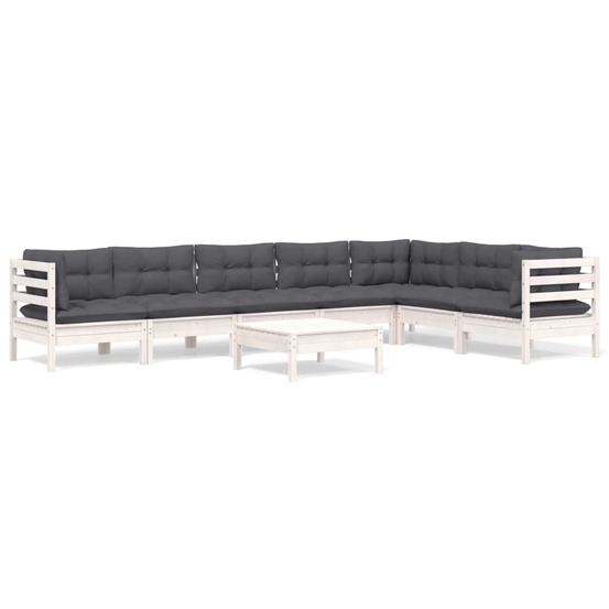 Salon de jardin 8 pcs avec coussins blanc bois de pin massif
