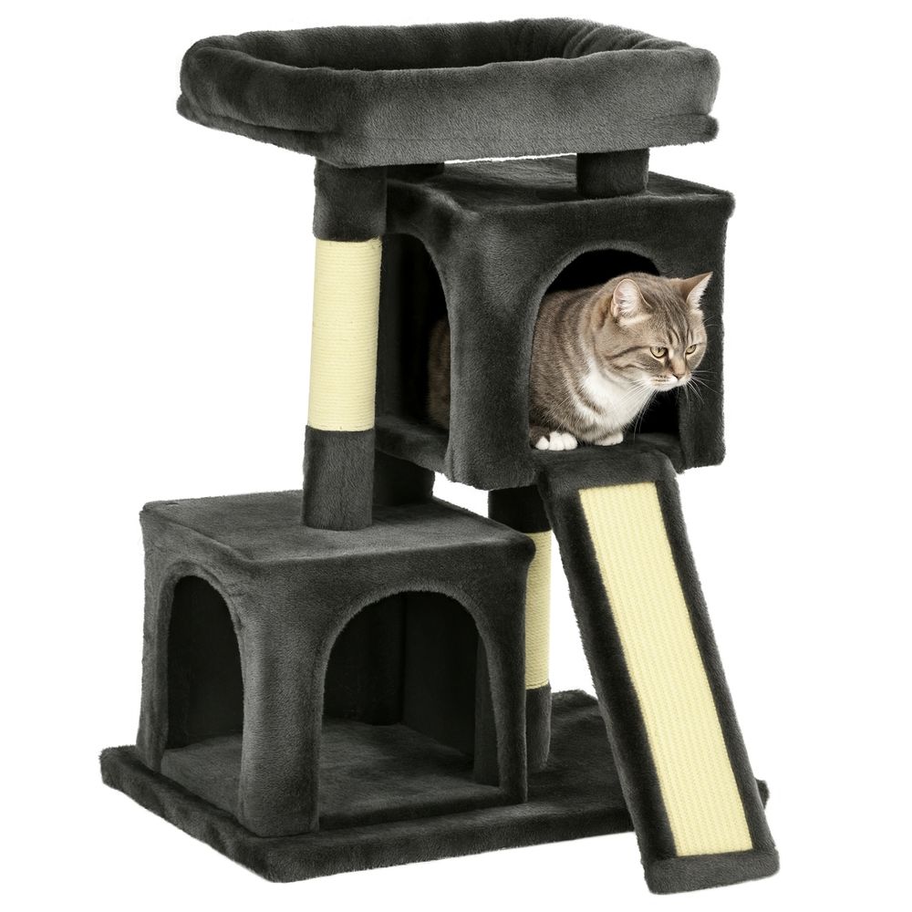 Arbre à chat peluche sisal pour chats double niche 59x39x81cm gris foncé