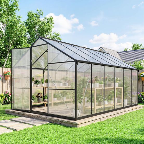Serre de jardin aluminium polycarbonate 363 x 247 x 205 cm noire fenêtres réglables - comfortxl outdoor living