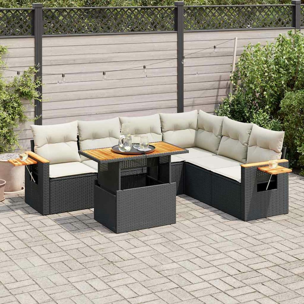 Salon de jardin avec coussins 7 pcs noir résine tressée acacia