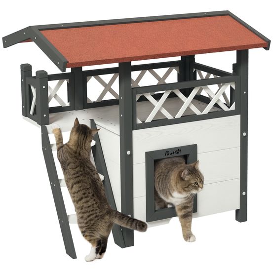 Niche chat extérieur bois massif abri terrasse escalier 77x50x73cm blanc rouge