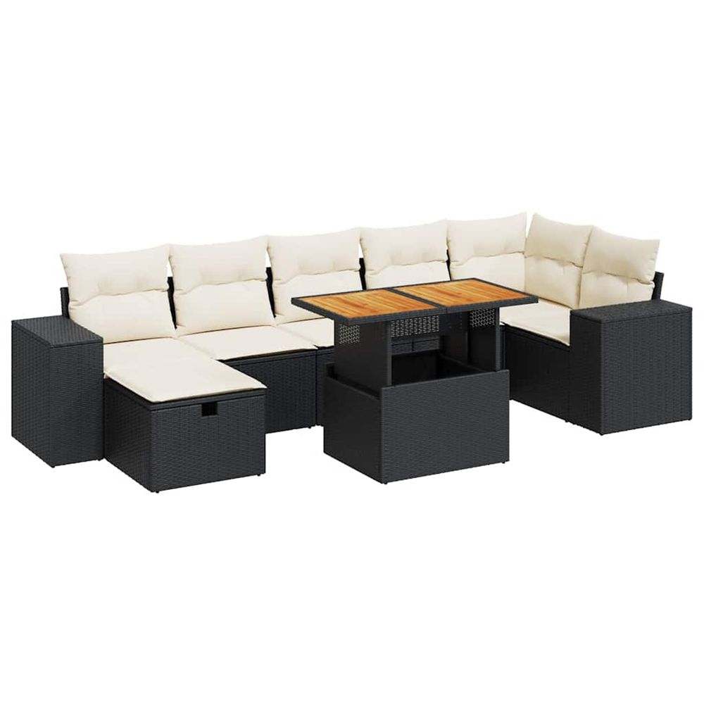 Salon de jardin 5 pcs avec coussins noir résine tressée acacia