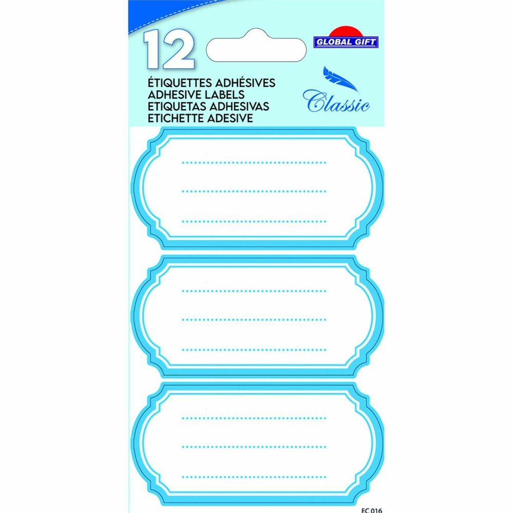 12 étiquettes adhésives scolaires - ovale vintage - bleu