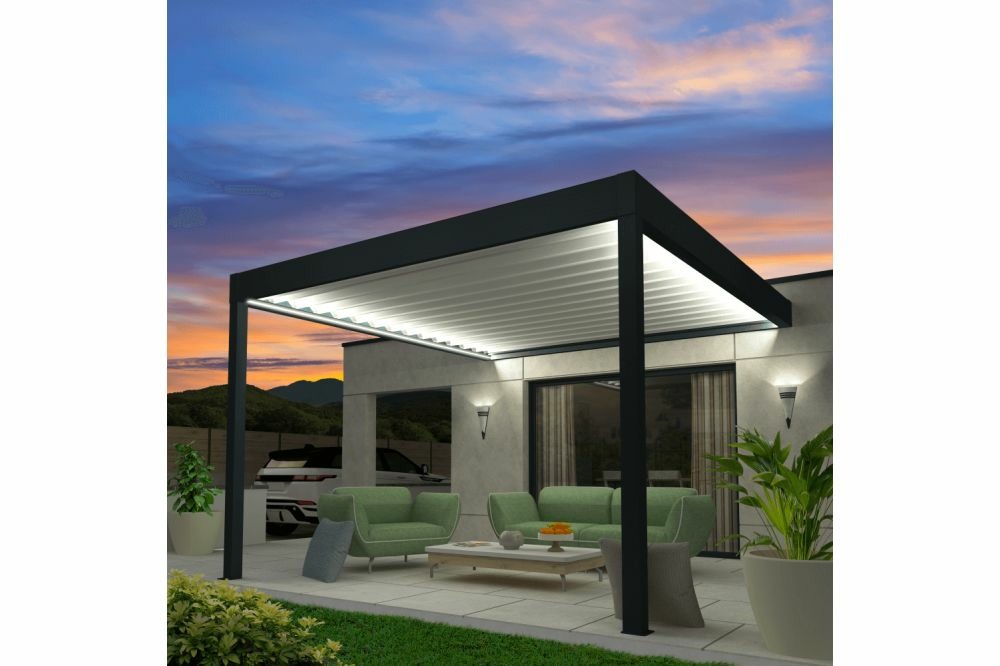 Pergola rétractable concept mixte gris anthracite / blanc 5,00x4,109m moteur + télécommande + led