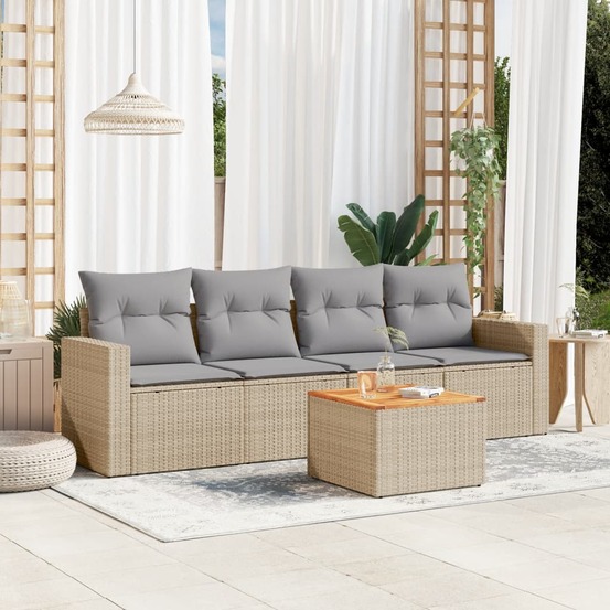 Salon de jardin avec coussins 5 pcs beige résine tressée