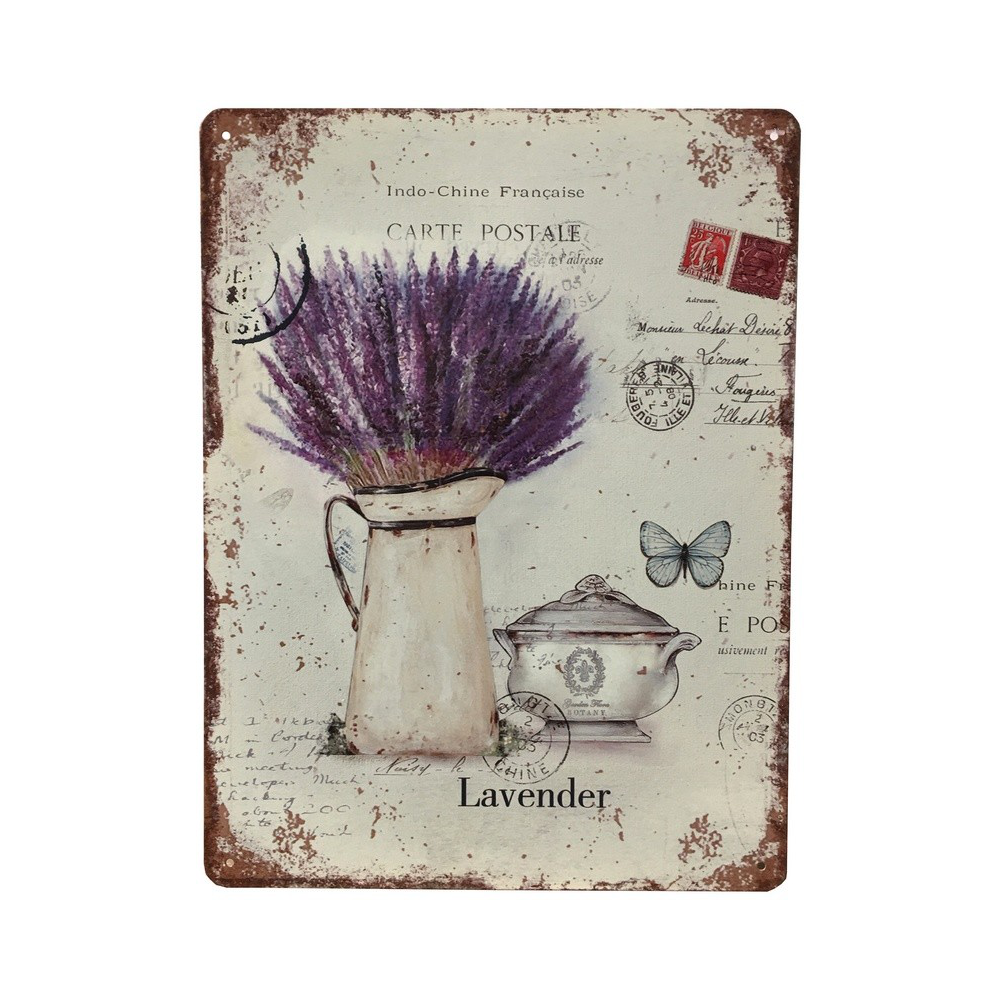 Plaque murale décorative en métal vintage multicolore lavande 33x25cm