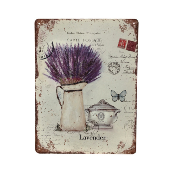Plaque murale décorative en métal vintage multicolore lavande 33x25cm