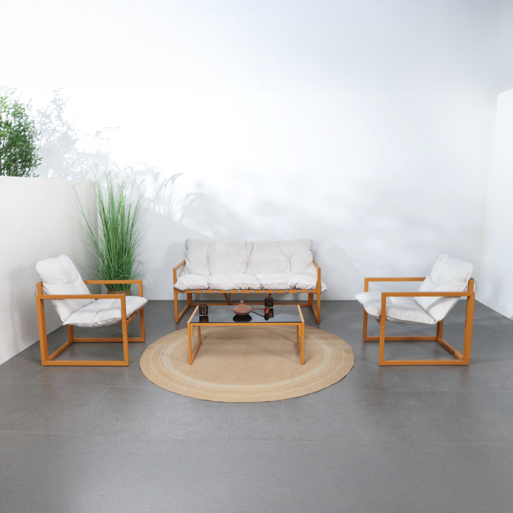 Rabat - salon de jardin 5 places contemporain marron et coussins beiges