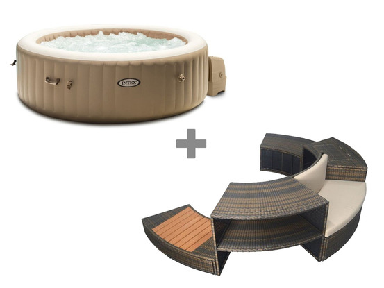 Pack spa gonflable purespa olive rond bulles 6 places + ensemble mobilier